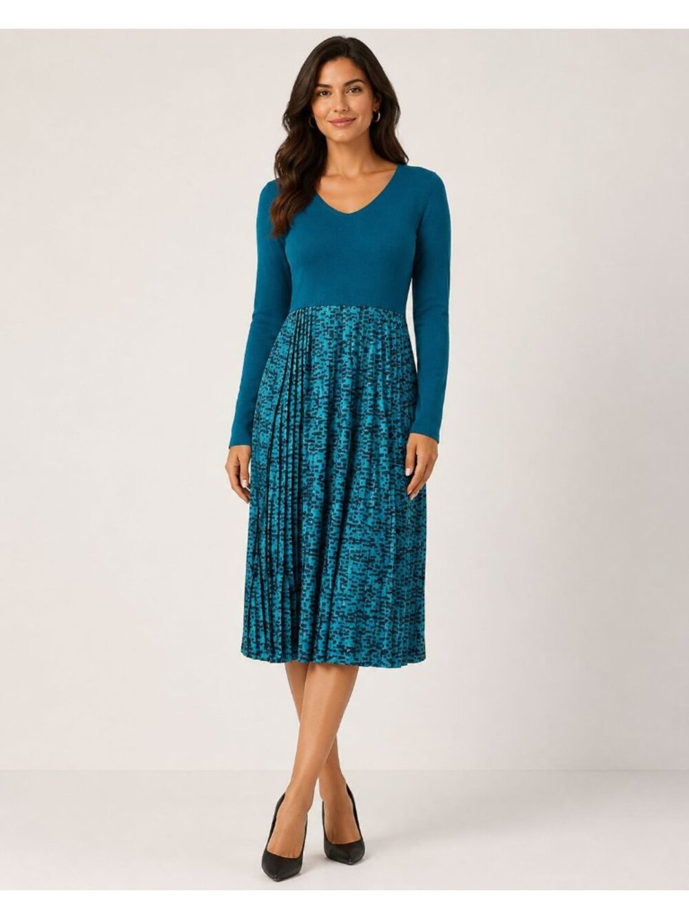 Nina Leonard Womens Teal Knit & Pleated Midi Dress Abstract Skirt Size Small